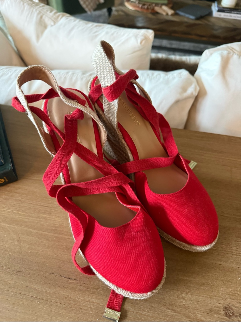 ShoeDazzle Red Espadrille Wedge Lace Up Sandals Size 9